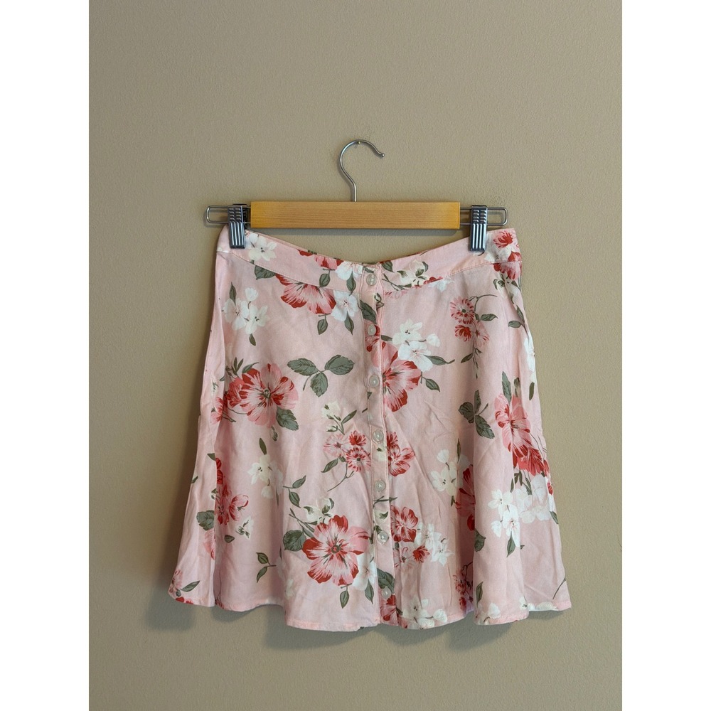Hollister Pink Floral Button Front Mini Skirt Womens XS High Waisted A-Line